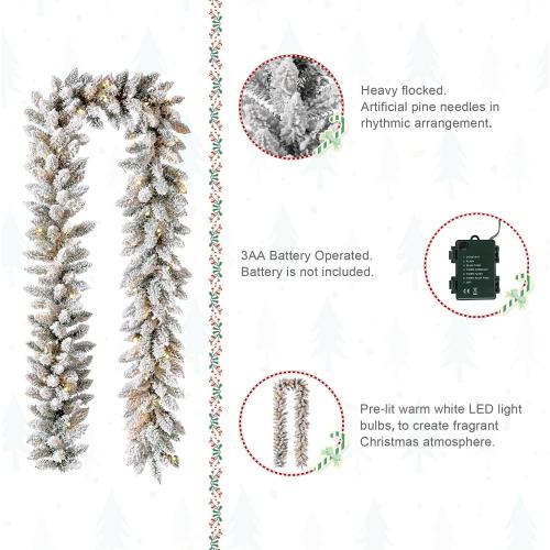 Glitzhome 9ft Christmas Garland for Mantle, Pre-Lit Snow Flocked Christmas Garland with Warm White LED Lights and Timer for Fireplace, Dining Table, Stairs Christmas Decoration