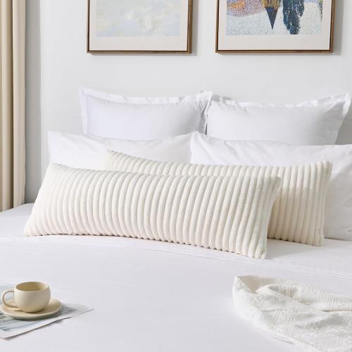 Kevin Textile Soft Plush 14x36 Inch Long Lumbar Pillow Cover 1 Pack, Luxury Fluffy Faux Fur Striped Flannel Rectangle Body Cushion Case for Couch Sofa Chair Bed Home Decor, Cream White