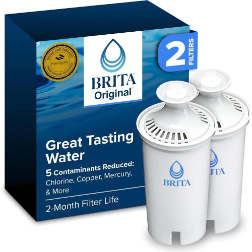 Brita Original Replacement Water Filter for Pitchers and Dispensers, WGA NSF/ANSI Certified, Removes Chlorine Taste & Odor, Reduces Zinc, Copper & Mercury, Lasts 2 Months, 2 Standard Filters