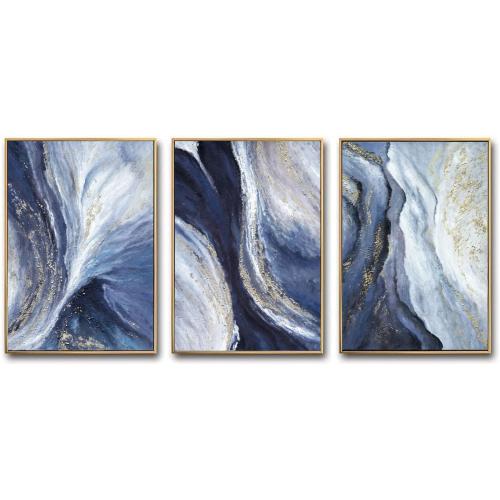 Framed Gold And Blue Abstract Canvas Wall Art For Living Room-3 Pieces Blue River and Mountain Oil Painting For Bedroom-Large Gold Wall Decor for Office Kitchen 24x48 inches Ready To Hang
