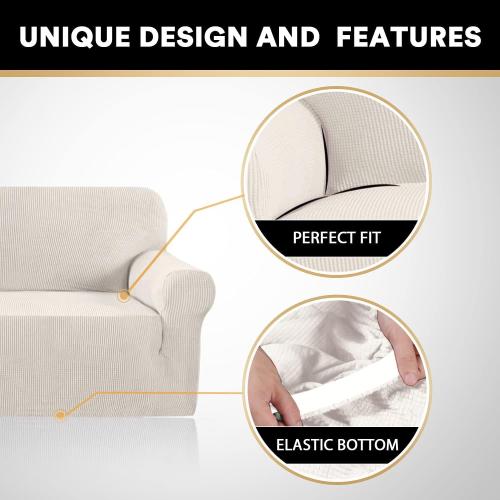 PrinceDeco Stretch Loveseat Sofa Cover Slipcover Couch Cover for 2 Cushion Sofa Washable Sofa Cover for Pets Friendly Furniture Protector Covers with Non Slip Bottom(Loveseat, Ivory)