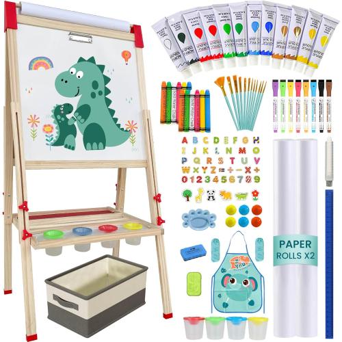 Easel for Kids,Adjustable Wooden Art Easel for Kids,114  Art Supplies,Double Sided Magnetic Chalkboard and White Board for Kid,Drawing and Painting for Aged 2-4,5-7,8-12,2 Paper Rolls