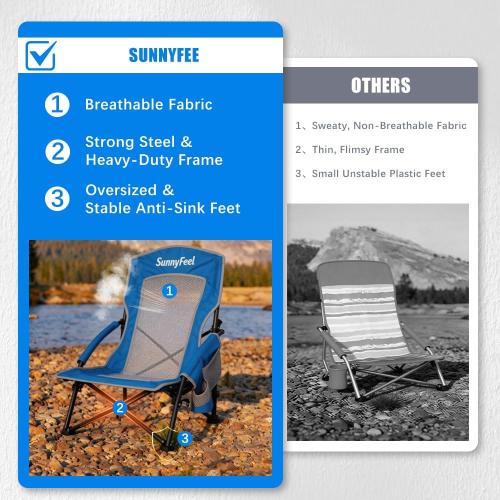 SUNNYFEEL Low Folding Beach Chair for Adults, Portable Lightweight Sling Beach Camping Chairs with Cup Holder, Armrest,Foldable Camp Lawn Chair for Outdoor Sand Concert Travel Sport Events,300LBS