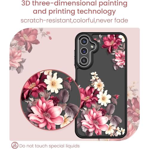 for Samsung Galaxy A25 5G Case Tempered Glass Screen Protector,Military Grade Protective Slim Soft TPU & Hard PC,Girls Women Crystal Clear Flower Pattern Case Cover for A25 5G-Black