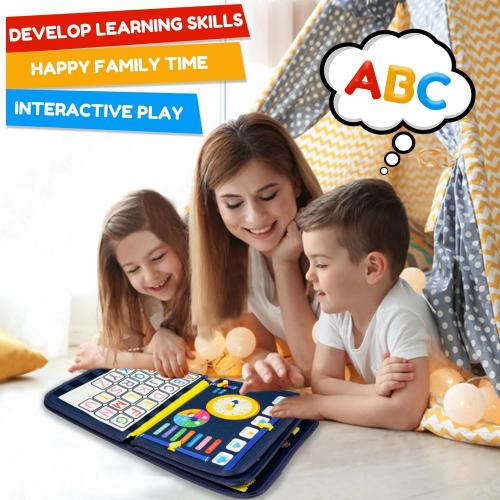 Qizfun Toddler Busy Board Montessori Toys – Sensory Busy Book, Educational Learning Travel Toy for Airplane & Car, Keeps Toddlers Entertained, Birthday Gifts for Toddler Boys Girls (Blue/P8)