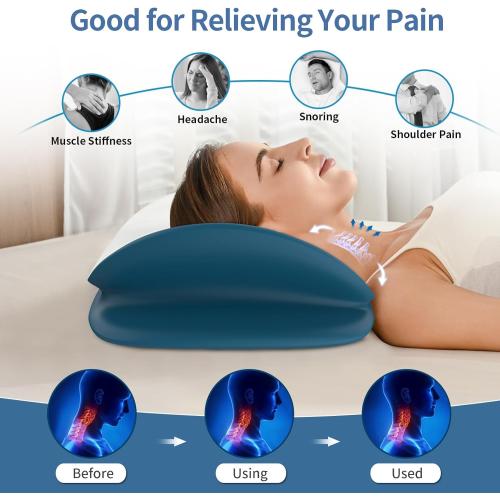 White and Blue Cervical Neck Pillow for Pain Relief - Ergonomic Memory Foam Contour Pillows for Side, Back & Stomach Sleepers, Cervical Pillow for Neck Support Sleeping with Breathable Cover