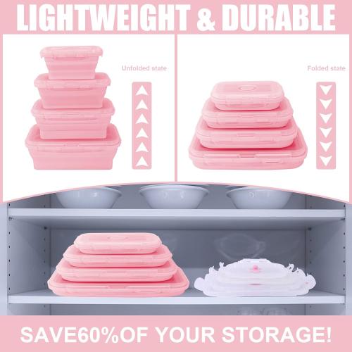 Collapsible Silicone Food Storage Containers with Lids,Set of 4 Silicone Lunch Box Containers,Foldable Meal Prep Container for Kitchen,Microwave & Dishwasher & Freezer Safe,BPA Free(Square Pink,8pcs)