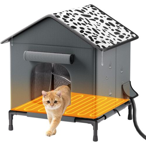 Heated Cat House for Outdoor Cats in Winter, Weatherproof Insulated Outside Cat House with Heating Pad, Warm Home for Barn Feral Stray Indoor/Outdoor Cat with Waterproof Elevated Base