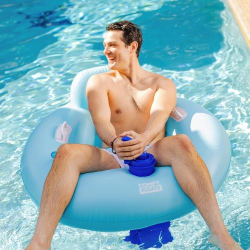 Comfy Floats Motorized Pool Float with 12V Propeller and Cup Holder | 12V motor with 360 degree steering and a built-in cup holder. Oversized tube sized for adults on pools and calm lakes.
