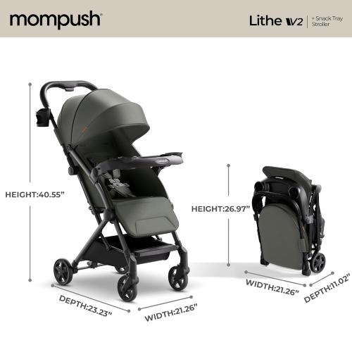 Mompush Lithe V2 Lightweight Travel Stroller, Compact Foldable Baby Stroller with Travel Bag, One-Hand Fold Stroller, Snack Tray, Mechanical Recline Seat, Airplane-Ready, UPF 50  Canopy & Rain Cover