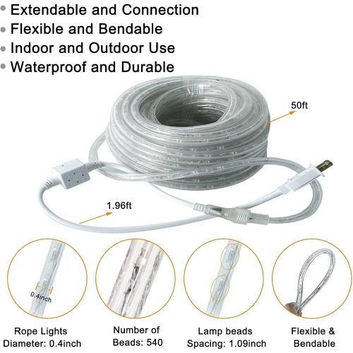 SURNIE Rope Lights Outdoor Waterproof Daylight White: LED 50FT Cuttable Outside Bright 110V Lighting Connectable Flexible Plug Cool Clear Tube, Indoor Deck Patio Xmas Camping Decor, Not Flat Strip