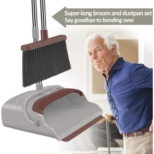 Upgrade Broom and Dustpan Set, Self-Cleaning with Dustpan Teeth, Ideal for Dog Cat Pets Home Use, Super Long Handle Upright Stand Up Broom and Dustpan Set (Brown)