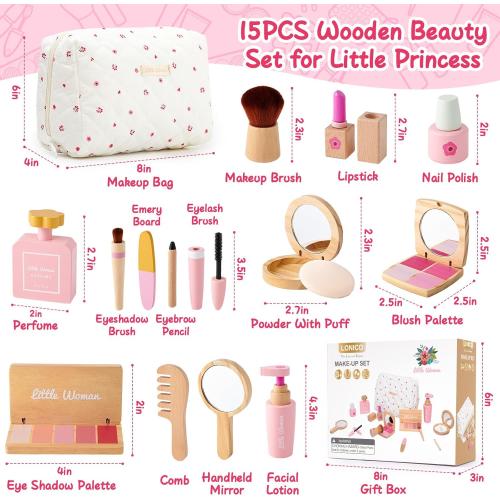 Lonico Wooden Makeup Toy Set for Girls Pretend Play Makeup Kit for Toddlers 3-5 with Eyeshadow/ Mascara/ Perfume/ Blush/ Mirror/ Bag, Birthday Gifts for Girls Toys Kids Aged 3 4 5 6 7 8