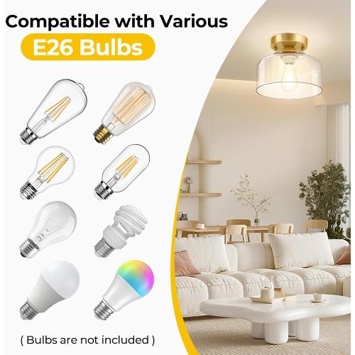 Semi Flush Mount Ceiling Light Brushed Gold - Clear Glass Pendant Lamp Shade, Modern Farmhouse Light Fixture for Hallway Corridor Kitchen Entryway Bedroom, Bulb Not Included