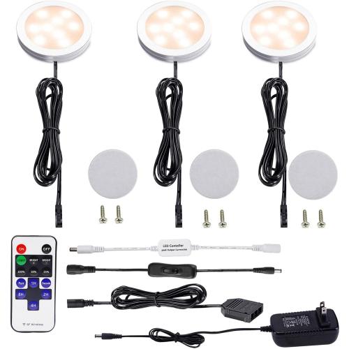 AIBOO Dimmable LED Under Cabinet Puck Lights 3 Lamps Kit with RF Remote Control for Home Kitchen Counter Lighting (Warm White 2700K)