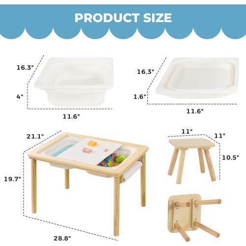 Bateso Sensory Table for Toddlers 1-3 with  Chairs & Roll Paper, Wooden Kid Activity Table Chair Set with Double-Sided Boards and Storage Bins for Sand and Water Play