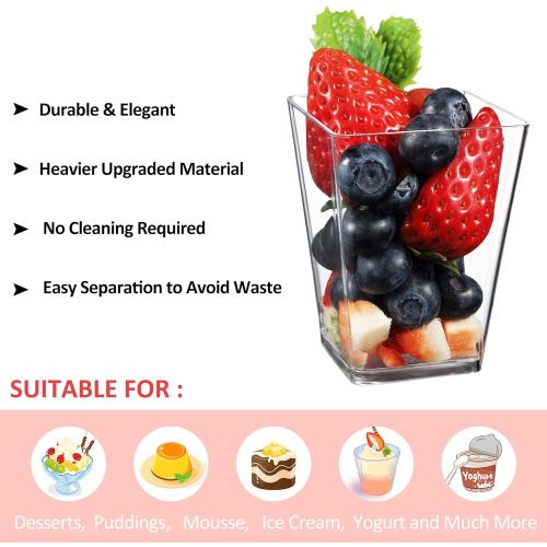 CLEAR CUPS Eupako 100 Pack 5 oz Square Clear Plastic Dessert Cups Small Clear Plastic Tumbler Cups Great for Desserts, Appetizers, Puddings, Mousse and More