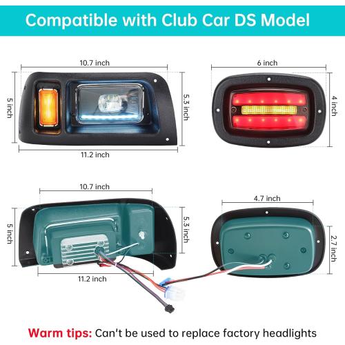 10L0L Deluxe Golf Cart Light Kit for Club Car DS 12V-60V, Full Headlight Taillight Kit with RGB Daytime Running Lamp Low High Beam Turn Signal Horn Brake Pad Hazard Blinker