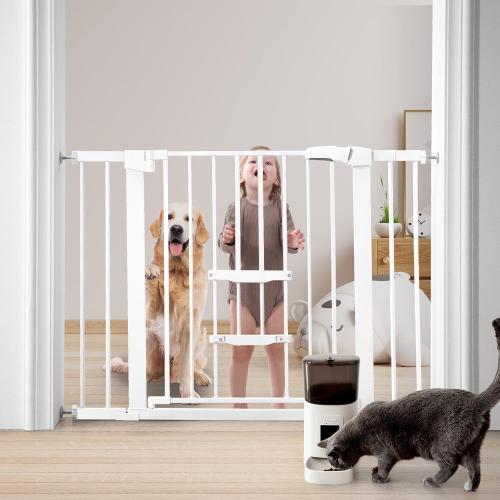 FURTIME 29-41 Baby Gate with Cat Door Adjustable, Auto Close Dog Gate for Stairs,Doorways and House, Metal Pet Door Pressure Mounted,Easy Install, Effortless Walk Thru, White