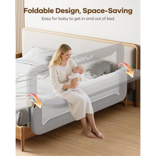 Foldable Bed Rail for Toddlers, 74in Reinforced Carbon Steel Frame&Connectors, Breathable Cationic Fabric - Safety Toddler Bed Rails for Queen, King, Twin, Full, No-Tool Setup.