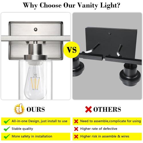 Ascher Bathroom Vanity Light Fixtures, 3 Light Wall Sconces Lighting with Clear Glass Shade, Brushed Nickel Wall Lights for Mirror, Kitchen, Living Room, Gallery, E26 Base (Bulbs Not Included)