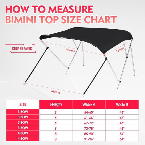 Bimini Tops for Boats, Black 3 Bow L6' x W54-60 x H46, 900D Polyester Bimini Top, 2 Rear Support Poles and Storage Boot, 4 Adjustable Nylon Straps