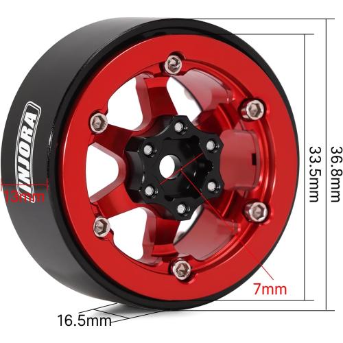 INJORA 1.3 Aluminium Beadlock Wheels -5.25mm Offset for SCX24 TRX4M 1/24 1/18 RC Crawler(Red)