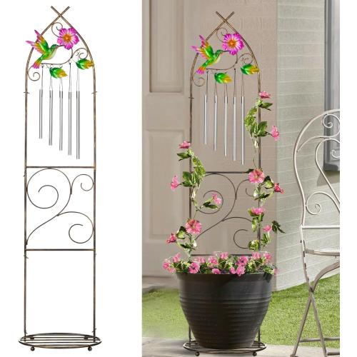 Garden Trellis with Plant Stands, 48” Metal Detachable Hummingbird Plant Pot Trellis with Wind Chimes for Climbing Plants Outdoor Lawn Patio Porches Decor
