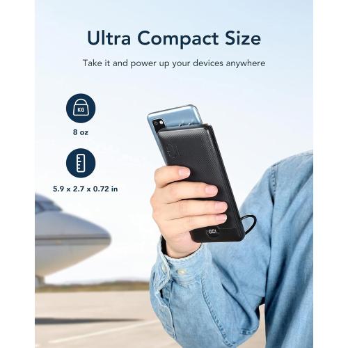 VEGER Portable Charger with Built-in AC Plug and Cables, All in One 10000mAh Ultra Slim Power Bank Travel Essentials, Fast Charging Battery Pack Compatible with iPhone, Samsung, Android (White**)