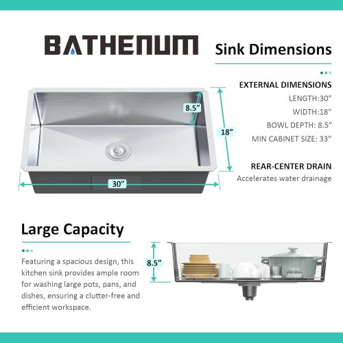 30-inch Undermount Single Bowel Kitchen Sink, Handmade 16 Gauge Stainless Steel Kitchen Sink 30  x 18 Deep Sink with Drain Kit and Bottom Grid, Brushed