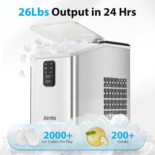 Ice Maker Countertop 26lbs/24H, Portable Ice Makers 8 Ice Cubes Ready in 6 Mins, 2 Sizes of Bullet Ice Ice Machine with Basket & Scoop, Auto Self-Cleaning