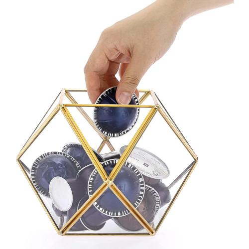 ELLDOO Gold Glass Coffee Pods Holder, Large Capacity 14 Sided Glass Box for K Cups & Nespresso Capsules, Coffee Capsule Storage for Counter Coffee Bar, Kitchen, Office