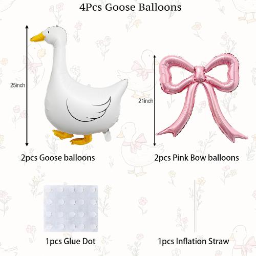 4PCS One Silly Goose Balloons and Pink Bows – White Goose Pinl Bow Foil Balloons for One Silly Goose Birthday Decorations, Coquette Bow Baby Girl Party Decor, Gingham Farm Baby Shower Supplies