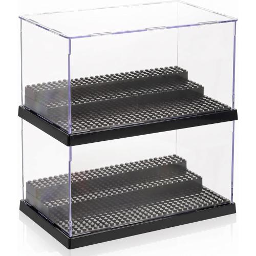 ZEAYEA 2 Pack Display Case for Minifigure Action Figures Blocks, Acrylic Display Box Storage with 3 Movable Steps, Dustproof Showcase for Collection Bricks Blocks Models Minifigures Building, Black