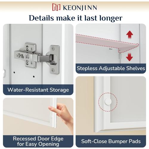 Keonjinn 30 x 26 Inch White Medicine Cabinet Mirror, Assembly Needed, in Wall Medicine Cabinets for Bathroom, Lightweight, Adjustable Shelves, Tempered Glass, Soft Closing, Recessed or Wall Mount