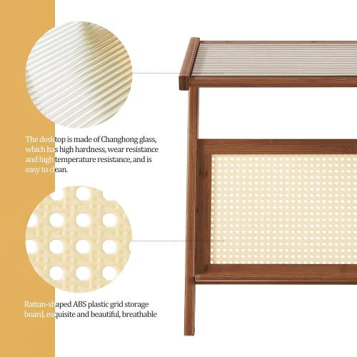 Product new. Box damage Rattan End Table with Magazine Rack Glass-top Bamboo Sofa Side Table Accent Bedside Nightstand Boho Z Shaped Coffee Table for Bedroom Living Room Small Space, Walnut