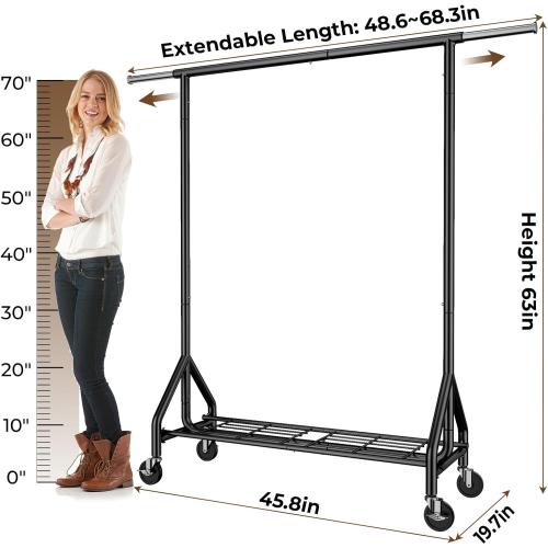 Black Heavy Duty Clothes Rack Load 450 LBS, Metal Garment Rack, Standing Rolling Clothing Rack for Hanging Clothes with Sturdy Wheels & Shelves, Portable Closet Wardrobe Rack,Black