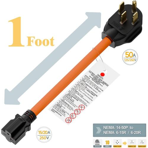 Orange STW Heavy Duty Nema 14-50P 50-AMP Plug Male to 6-20R/6-15R T-Blade Adapter, 4-Prong 250V to 20A 250V 6-20/15R Adapter, 14-50 to 6-20R EV Dryer Adapter