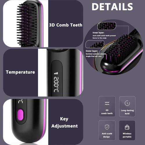 2026 Go Brush Pro for Short Hair, Portable Straightener Brushs for Travel, with LCD Temperature Display, Fast Heating Cordless Mini Hair Brushs Styling Tools (Purple)