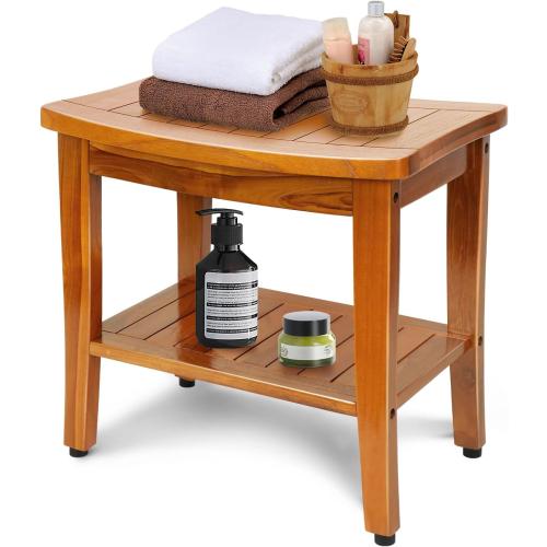 20 Premium Teak Shower Bench with Shelf & Handle, Solid Teak Shower Stool, Durable Wooden Waterproof Seat for Inside Shower, Teak Wood Bench for Bathroom, Indoor & Outdoor Use