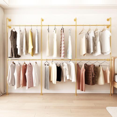 Industrial Pipe Clothing Rack, Heavy Duty Metal Clothes Rack with Double Rods for Hanging Clothes, Wall Mount Space-Saving Garment Display Rack (Three, Gold)