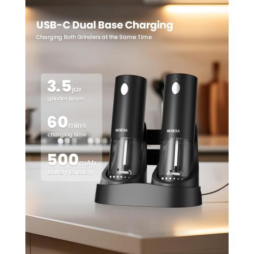 Electric Salt and Pepper Grinder Set with Rechargeable Base - Automatic Refillable Electric Salt and Pepper Shakers with Large Capacity, LED Light & Adjustable Coarseness, Black