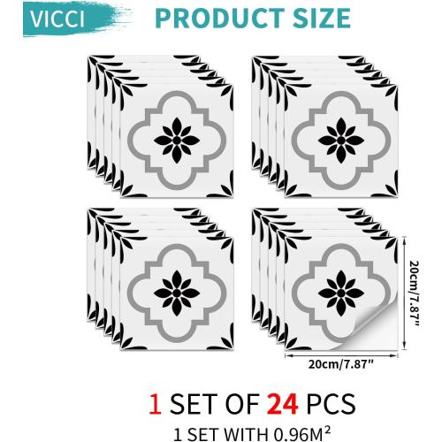 24pcs Floor Tile Stickers Peel and Stick Backsplash Wall Tiles Decals Self-Adhesive Subway Sticker for Kitchen Bedroom Bathroom Fireplace Laundry Decoration 7.87*7.87,Black & White