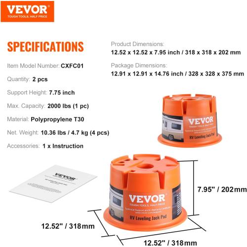 VEVOR Trailer Jack Block, 2000 lbs Capacity per RV Leveling Block, Polypropylene RV Camper Stabilizer Blocks, RV Travel Accessories Use for Any Tongue Jack, Post, Foot, 5th Wheels, 2-Pack