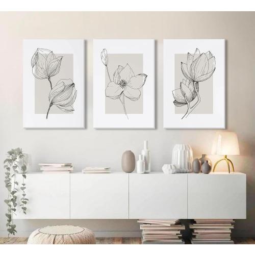 3Pcs Neutral Botanical Canvas Wall Art Beige Simple floral Painting Pictures Wall Decor Vintage Line flower Poster Print Artwork for Living Room Bedroom Bathroom Scene Home Decoration