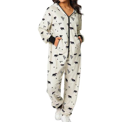 KMBANGI Women Christmas One Piece Pjs Hooded Fleece Jumpsuit with Pocket Zipper Romper Printed Pajamas Holiday Sleepwears size medium