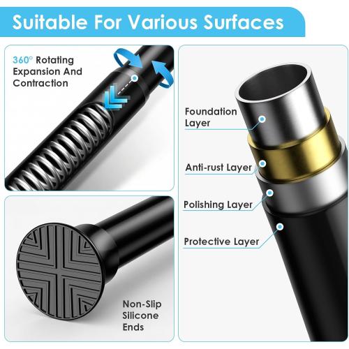 Tension Curtain Rod 31 To 76 Inch Black Shower Curtain Rod | No Drilling Adjustable Spring Loaded Curtain Rods 7/8Diameter Shower Rods For Bathroom Windows Bedroom Closet