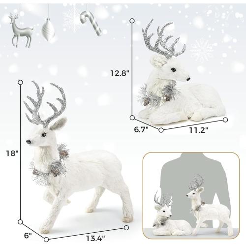 naturevibe 18 Inches Sisal Christmas Reindeer Set of 2,Realistic Woodland Animals Reindeer Figurine with Silver Accent for White Christmas Decorations,Centerpiece Table Decorations or Fireplace Decor