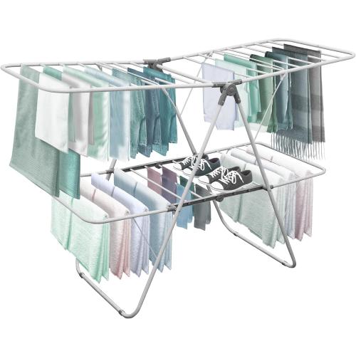 Brookstone 2 Tier Folding Rack - Indoor/Outdoor Collapsible Clothes Dryer Stand Laundry or Shoe Rack, Heavy Duty Freestanding Garment Hanger, Foldable, Clothing Drying Rack, White