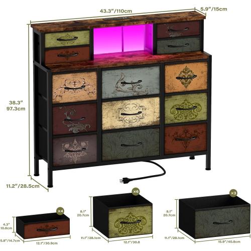 Dresser for Bedroom with 13 Drawers 2 Open Shelves, Fabric Storage Dresser, Chest of Drawers, Pattern Organizer for Closet, Bedside, Living Room, Entryway, Hallway